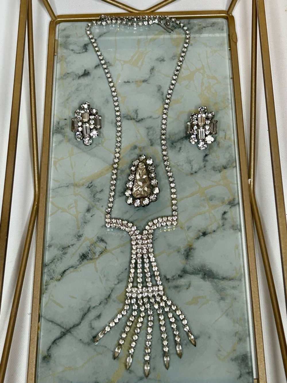 Vintage Rhinestone Jewelry Set Necklace Brooch Earrings Bridal Prom Formal
